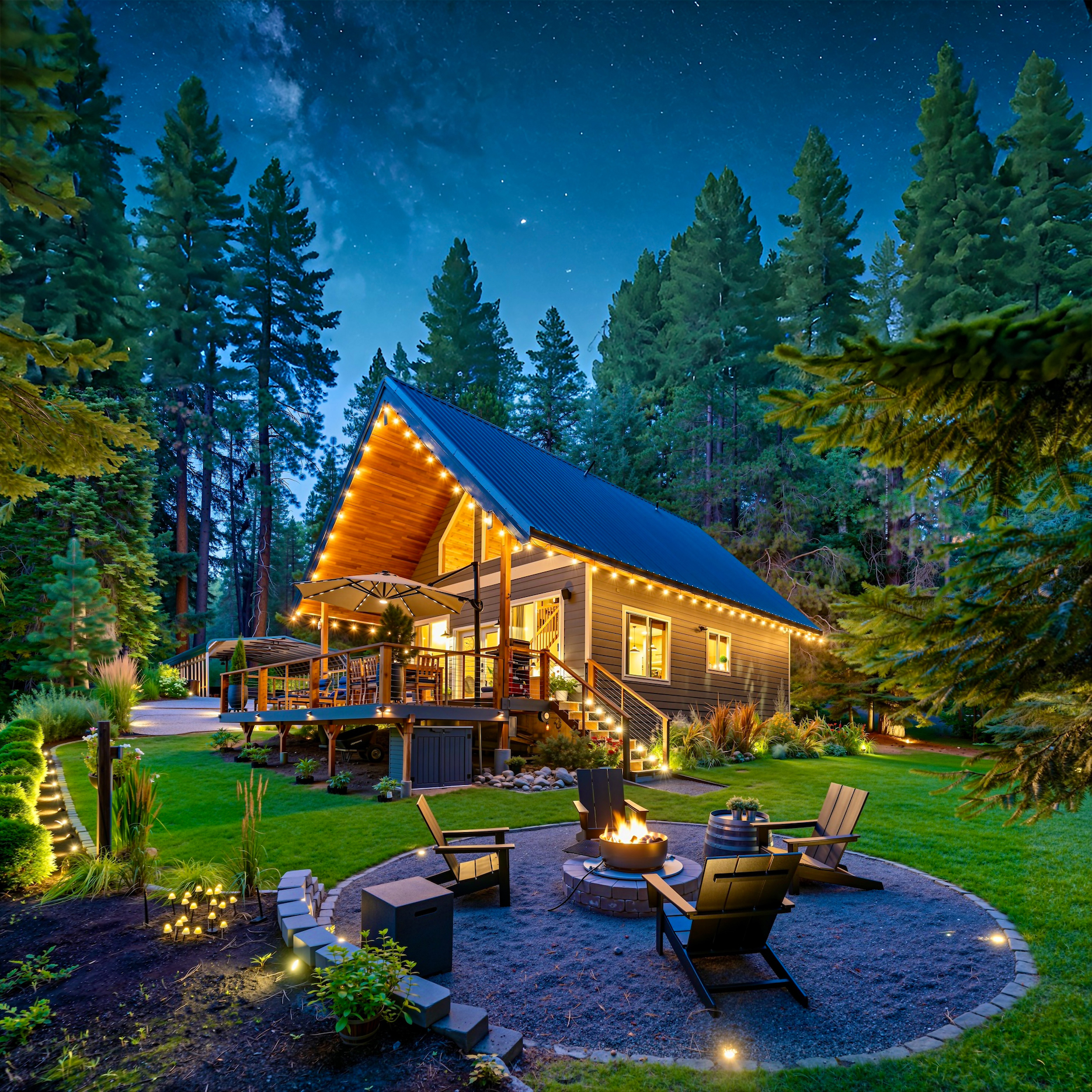 The Riverfront Chalet at night with firepit, string lights, and starlit sky